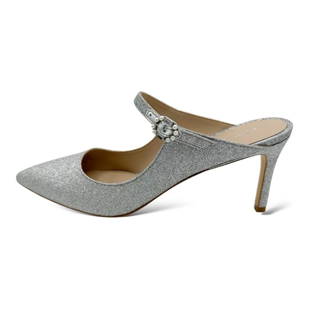 NEW Stuart Weitzman Silver Shimmery Mule Heels Pearl Buckle Accent Size 9.5